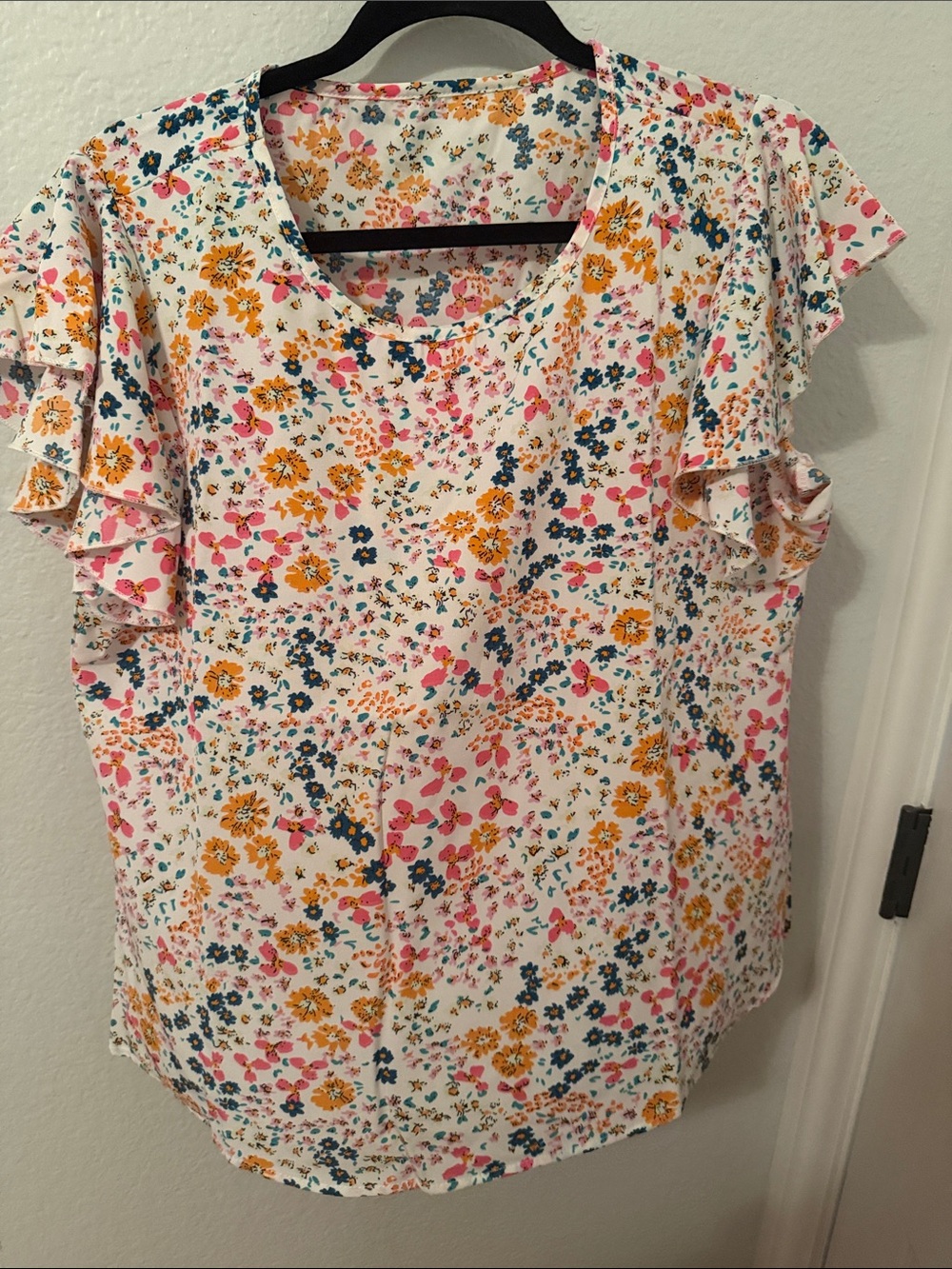 SHEIN White Floral Ruffle Sleeve Blouse with Pink & Mustard Accents